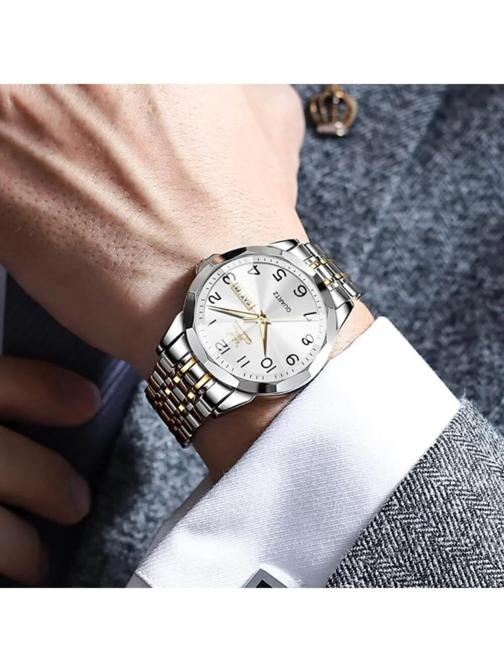 Men's Silver Gold Analog Simple Business Stainless Waterproof Luminous Watch